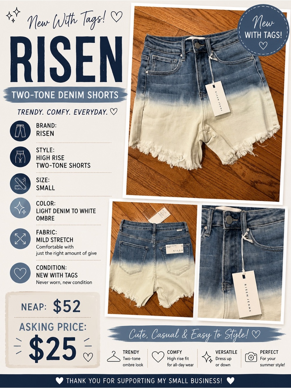 Risen Two-Tone Ombre High-Rise Denim Shorts in Light Blue & White